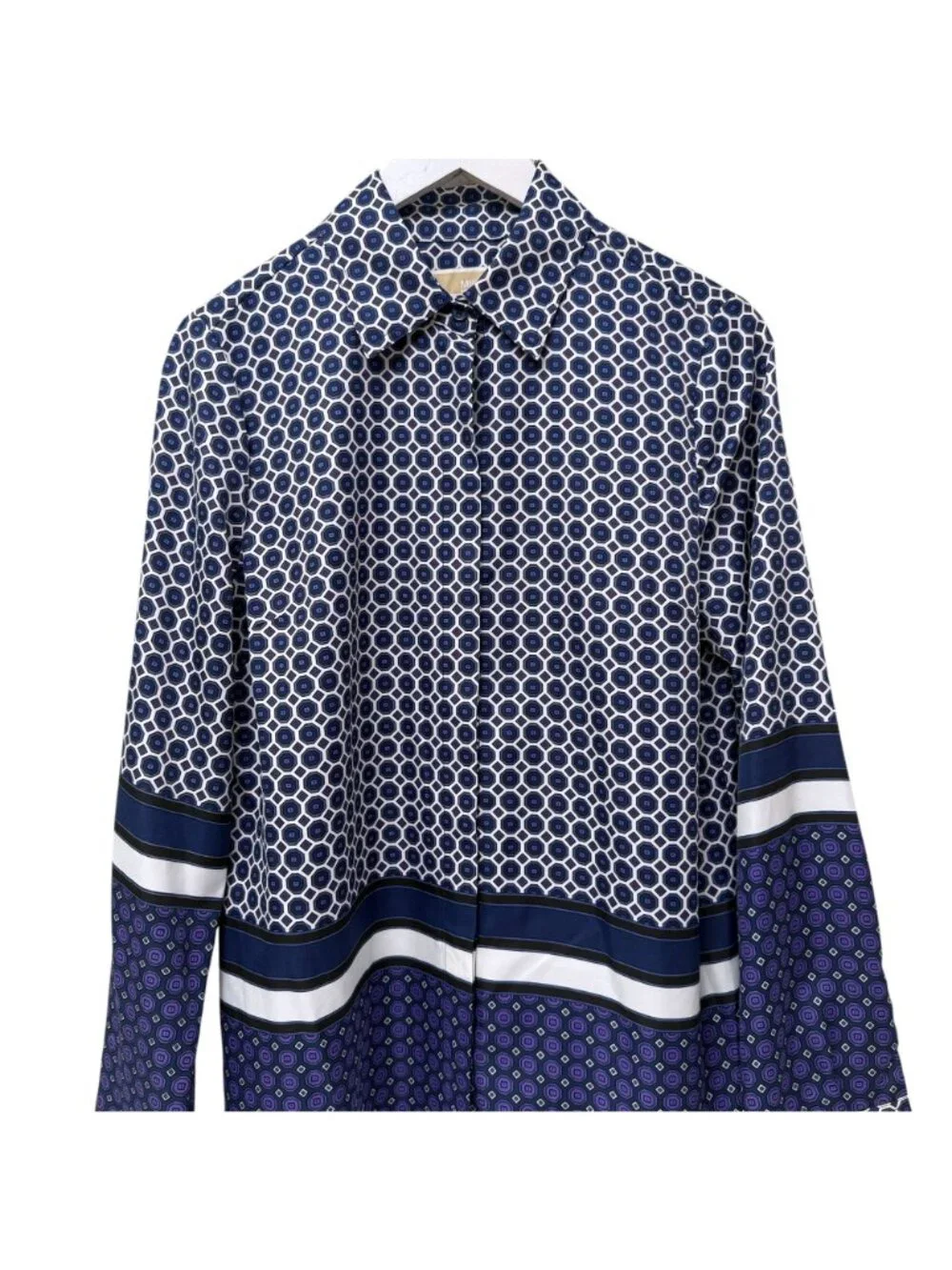 MICHAEL Michael Kors Blouse Navy Blue Durie Border Print Medium Button Front